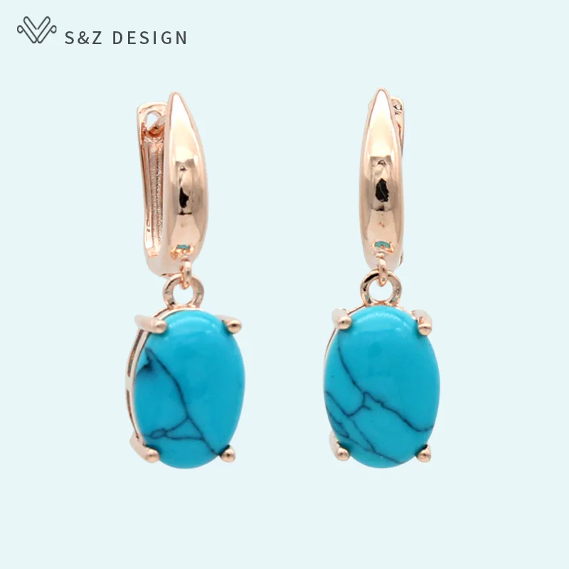 

S&Z New Classic Oval Egg Shape Synthetic Turquoises Dangle Earrings Vintage 585 Rose Gold For Women Girl's Trendy Party Jewelry