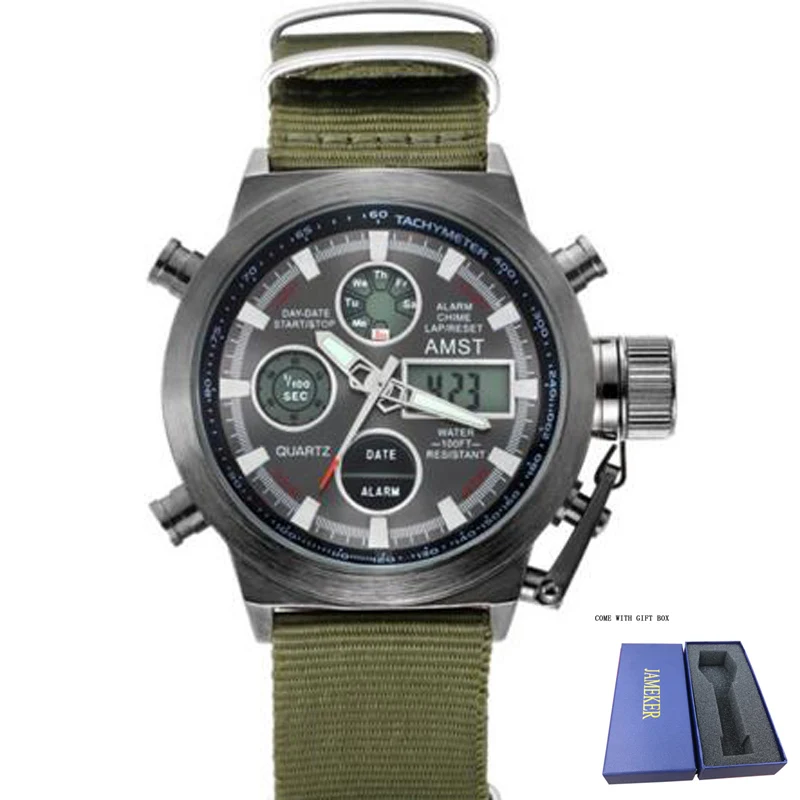 green black Известный люксовый бренд AMST мужские спортивные часы мужские цифровые часы мужские армейские военные кожаные светодиодный наручные часы Relogio Masculino - Цвет: green black