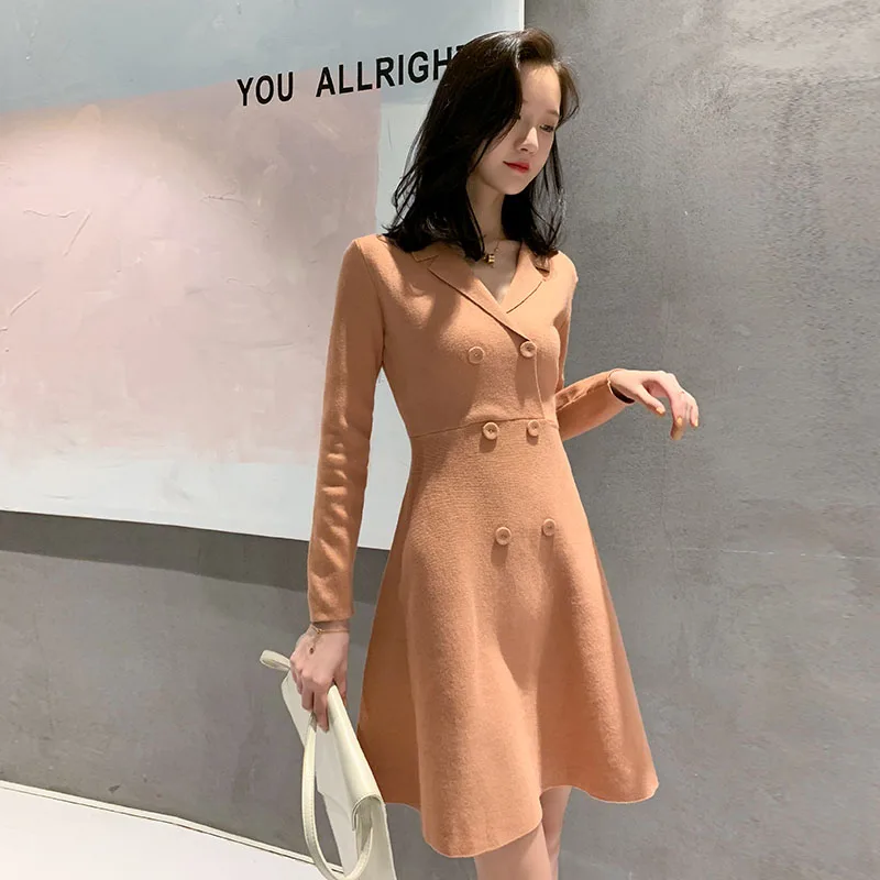 2018 Autumn Winter Women Knitting Sweater Dress thick Long Sleeve Double-Breasted Military Formal Black Swing Vestidos | Женская одежда