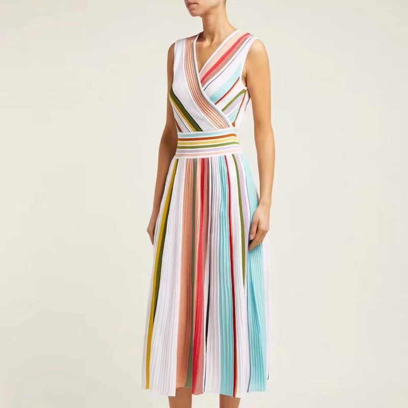 

High Quality Multicolor Striped Rayon Bandage Dress Women Summer Sleeveless Bdoycon Fit and Flare Casual Dress Party Vestidos
