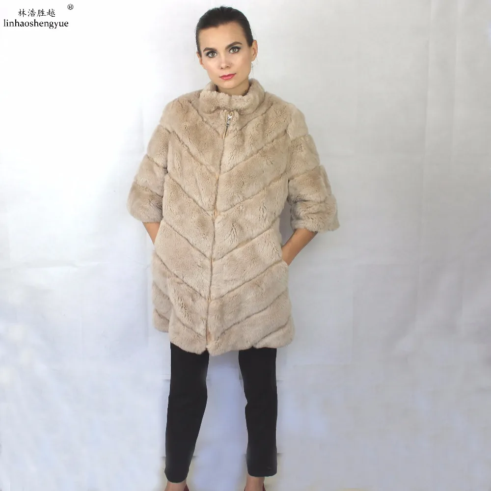 

Linhaoshengyue Real Rex Rabbit Fur Women Coat Short Sleeve Winter Women Coat Stand Collar