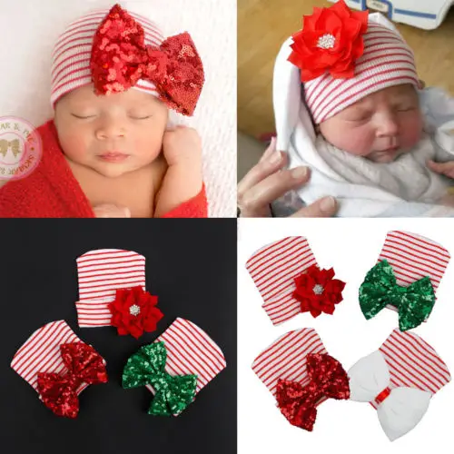 Шапка-бини для новорожденных в полоску с бантом и блестками | Детская одежда