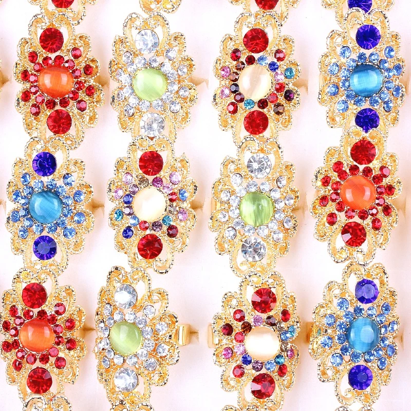 

QianBei Wholesale Jewelry Lot 12Pcs Mixed Color Oval Cat Eye Stone Silver Rhinestone Ring Fashion Finger Rings For Women Free