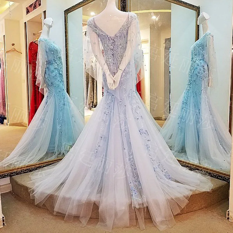 2015 Robe De Soiree светло-Синяя Русалка Аппликация вечернее платье без рукавов с