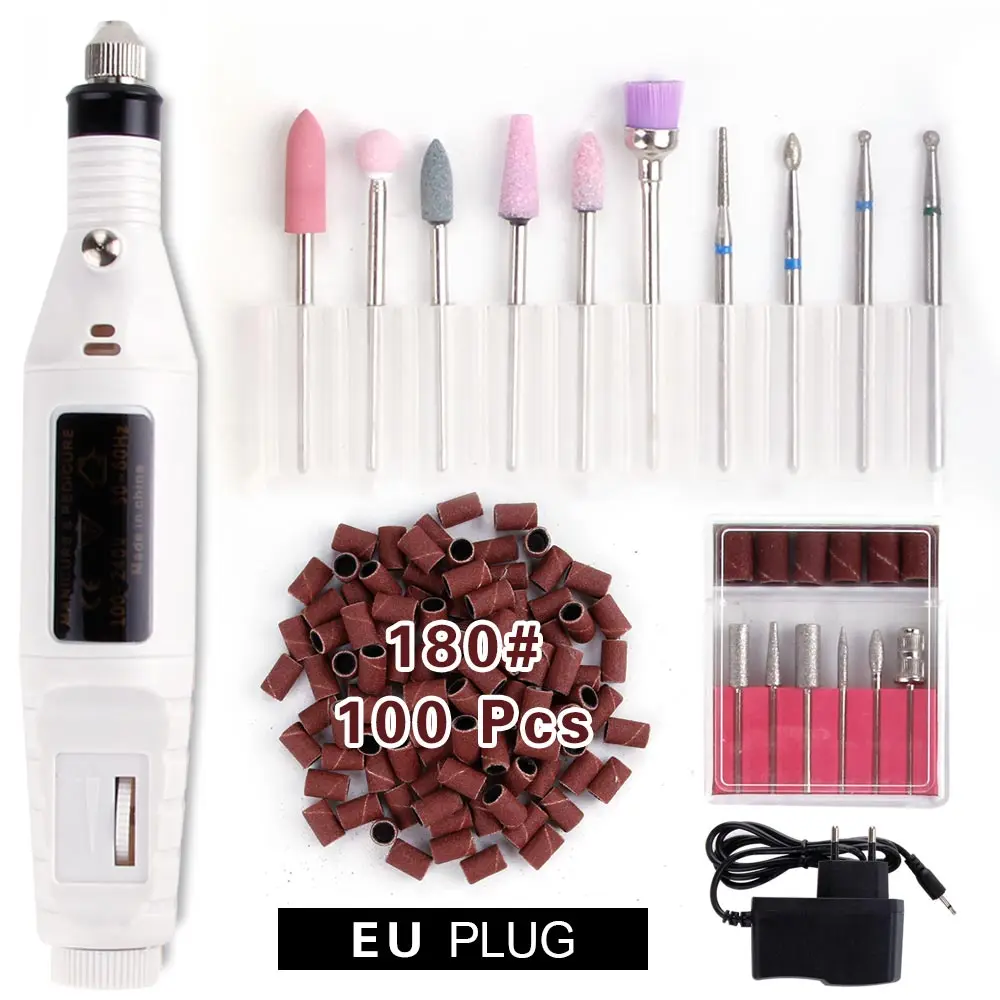 White Set 180 Электрический сверлильный станок для ногтей, гель для удаления кутикулы, фрезерный сверло, набор инструментов для педикюра, набор шлифовальных лент, Керамический Резак, аппарат - Цвет: White Set 180