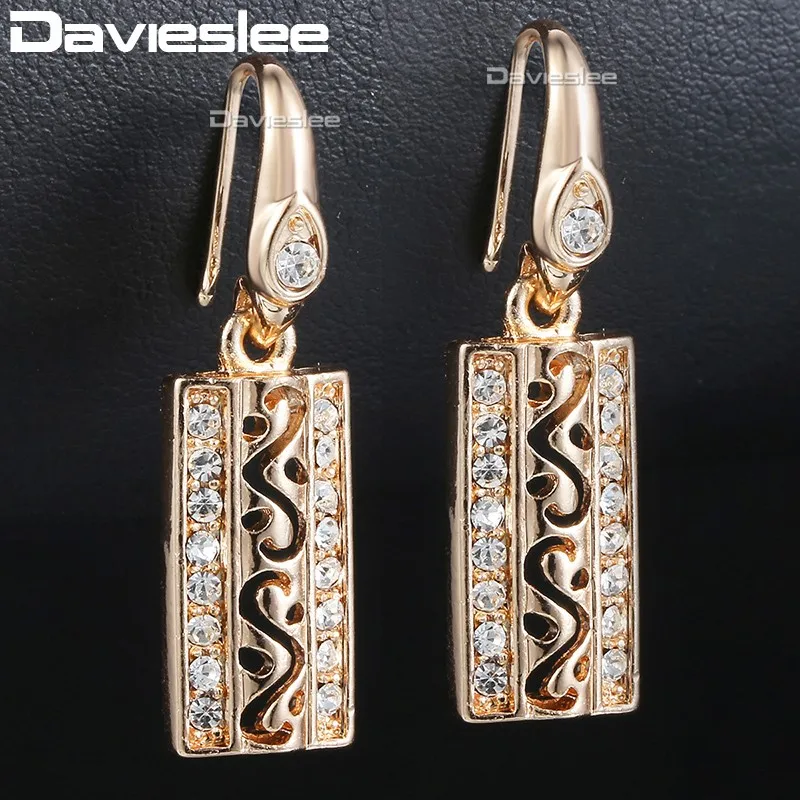 Davieslee, женские серьги, свисающие, с вырезами, прямоугольные, 585, розовое золото, заполненные, прозрачные, стразы, на крючке, серьги для женщин, LGE89