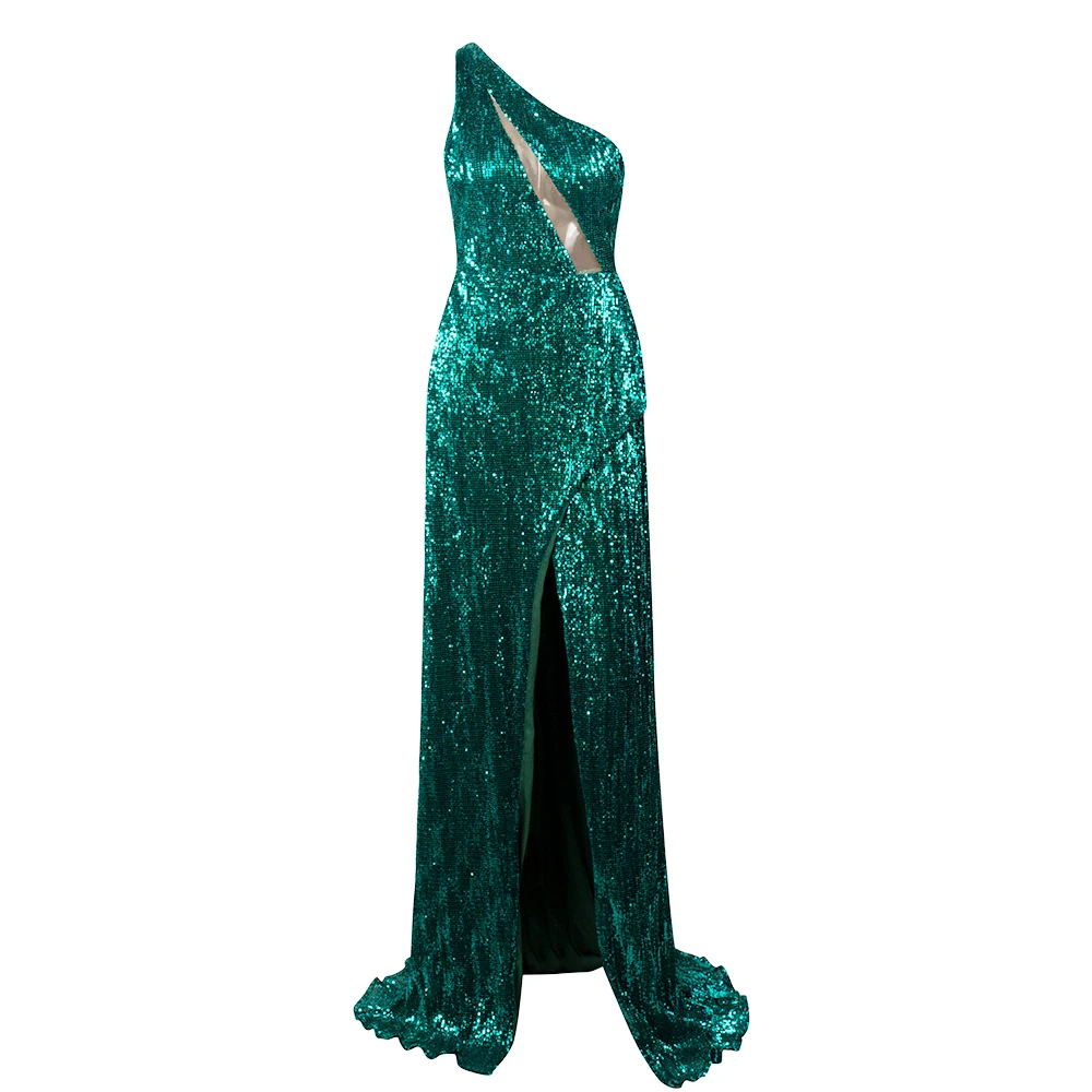 LOVE&LEMONADE Sexy One Shoulder Cut Out Green Cross Split Sequin Bodycon Maxi Dress LM81952 Autumn/Winter