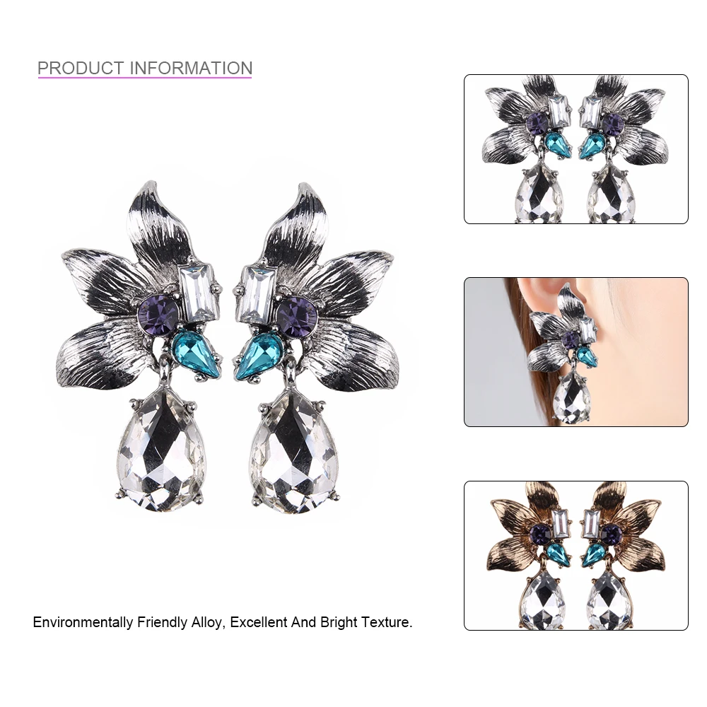 QOOKOO I Metal Leaves Earrings Clear Crystal Flower Pendant Earing Waterdrop Alloy Statement Vintage Short Dangle Women | Украшения и