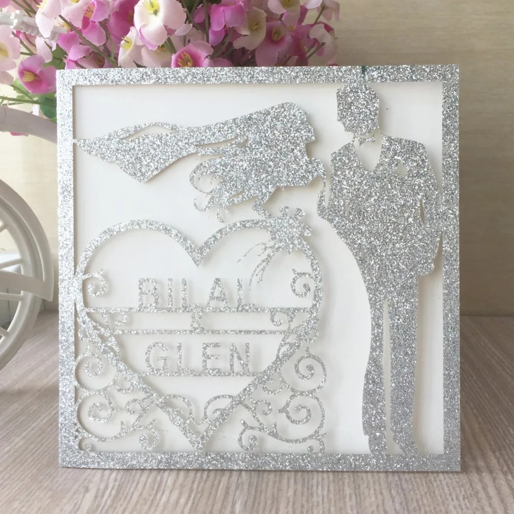 

50pcs/lot Luxury Glitter Gold Wedding Party Card Invitation Bride&Bridegroom Theme Customizable Invitations Card