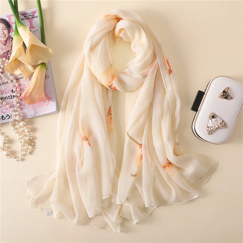 

Thin Silk Scarf Women Beach Shawls Wraps Elegant Print Foulard Sunscreen Pashmina Hijab Lady Floral Crinkle Scarves