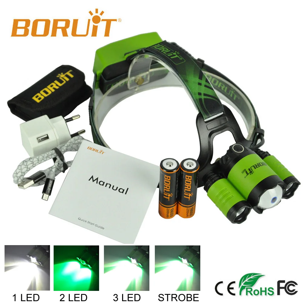 BORUIT B22 Перезаряжаемые светодиодный Масштабируемые Фары XM-L2+ 2X XPE зеленый фара Micro USB фар Факел Рыбалка головного света
