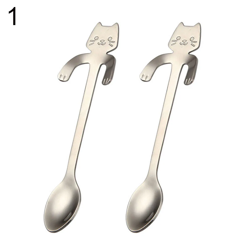 Модная ложка из нержавеющей стали 2 шт. мультяшная кошка с длинной ручкой