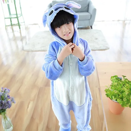Blue stich Детские пижамы с единорогом из мультфильма; зимние пижамы кигуруми для мальчиков и девочек; одежда для сна из кораллового флиса; теплый пижамный комплект - Цвет: Blue stich