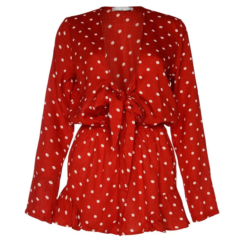 Женский красный комбинезон в горошек с глубоким вырезом и бантом Летние