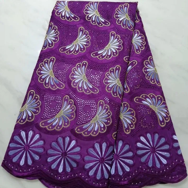 

5Yards/pc Most popular purple african high cotton fabric embroidery Swiss voile lace with stone for dress BC71-5