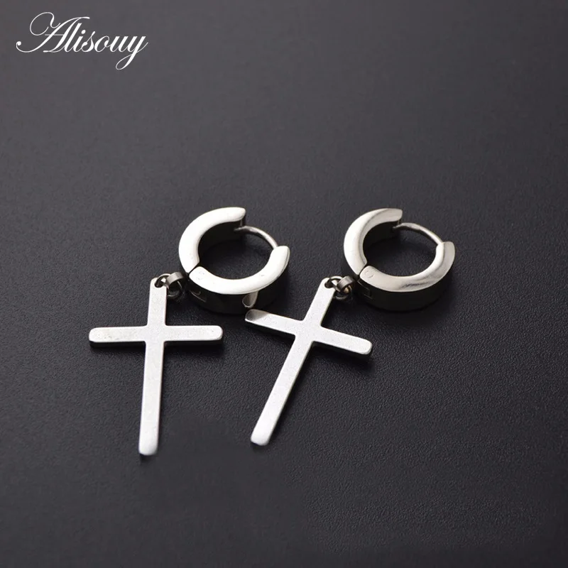 Silver Alisouy, новинка, панк стиль, мода, унисекс, для женщин, мужчин, молитва, черный,, 316, нержавеющая сталь, Huggie, петля, крест, шарм, висячие серьги - Окраска металла: Silver