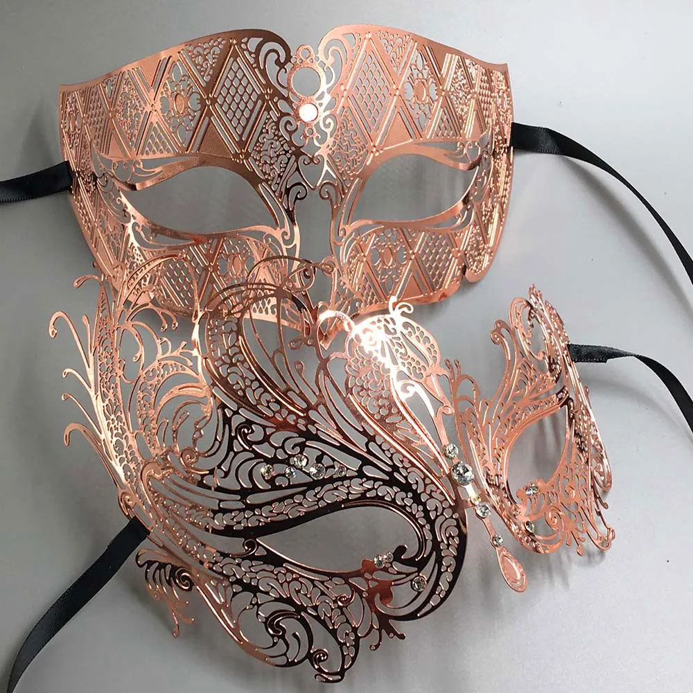 Женская и мужская блестящая маска цвета розового золота с лазерной вырезкой|prom