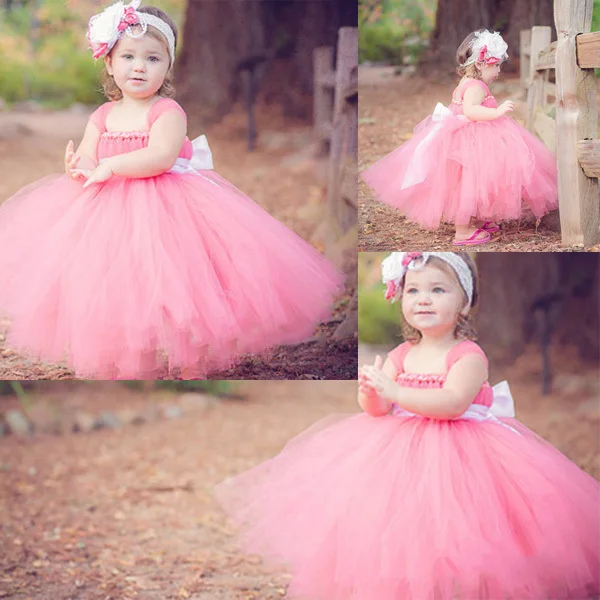 

Custom Made Pink Ball Gown Ankle Length Soft Tulle Tutu Vestidos Infantis Flower Girl Dresses For Weddings With Big Bow T001