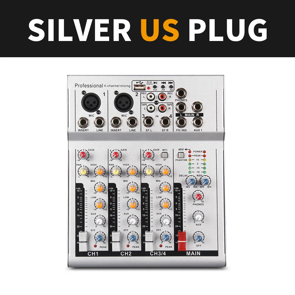 Silver-US Plug Высокое качество! Дебра F4 4-х канальный портативный аудио DJ микшер музыкальный пульт с XLR Bluetooth USB 48В - Цвет: Silver-US Plug