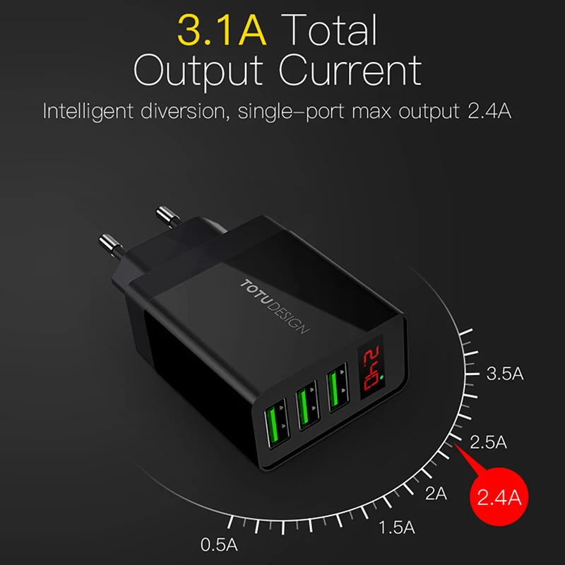 TOTU LED дисплей 3 USB зарядное устройство для мобильного телефона iPhone Samsung Tablet Max 2.4A