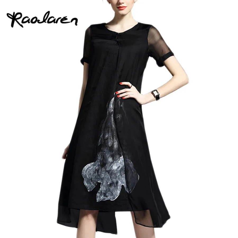 Raodaren женщин длинное платье 2017 лето-осень белый черный чернилами Ретро Изделие из