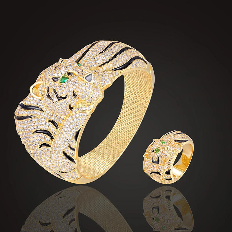 

Lanruisha jewelry set bangle with ring animal tiger AAA Cubic zircon micro pave setting hyperbole bangle fashion jewelry artwork