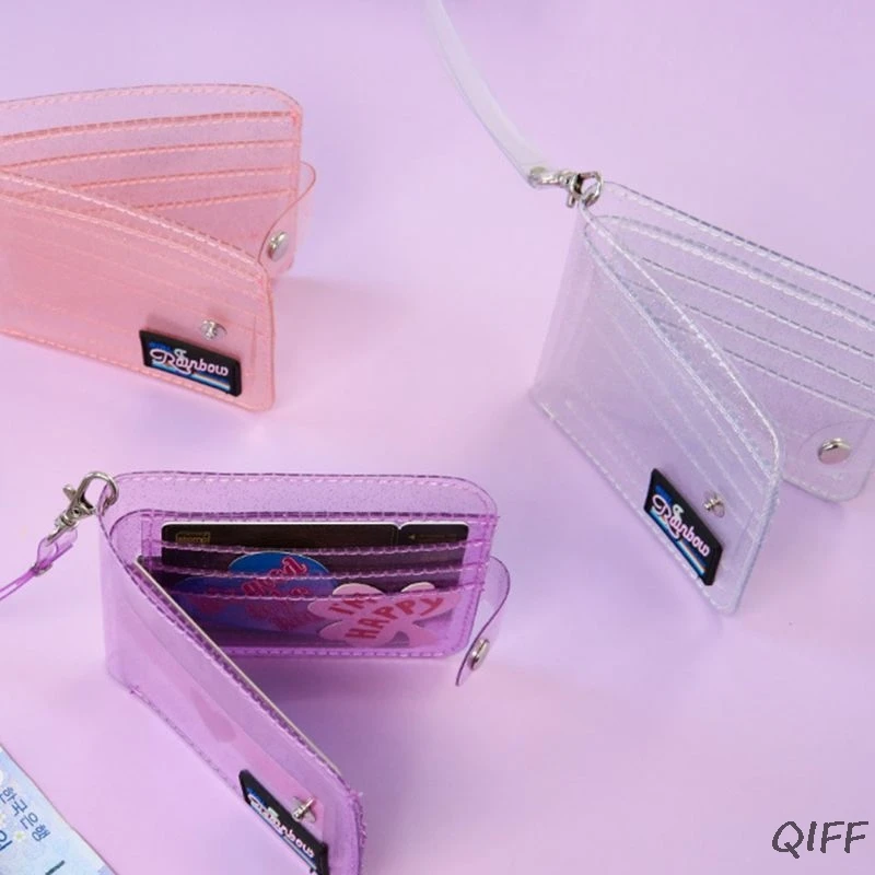 Transparent ID Card Holder PVC Folding Short Wallet Fashion Women Girl Glitter Business Cards Case Purse with Lanyard Sum