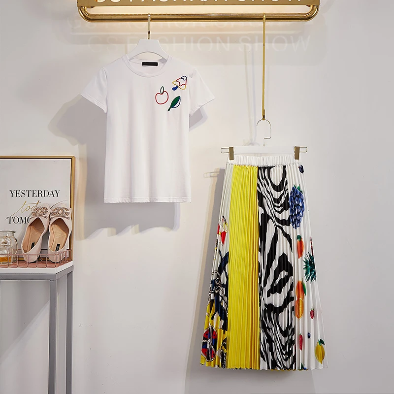 Новая цветная длинная юбка с принтом фруктов футболки Женский комплект 2 шт.