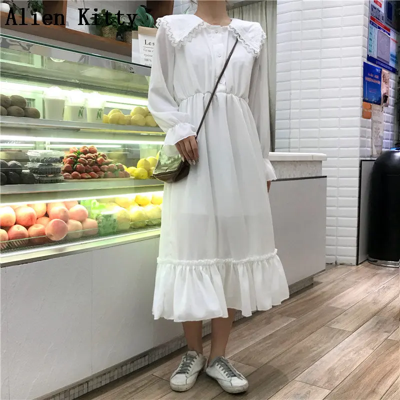 Женское плиссированное платье Alien Kitty повседневное простое белое с воротником