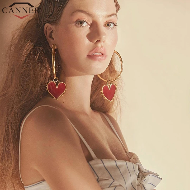 Женские круглые серьги кольца CANNER Золотые с красным сердцем aros mujer oreja