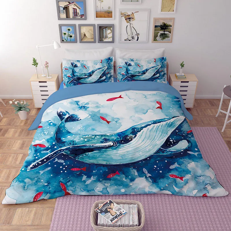 

LLANCL Sea Creature Whale Fish Printed Quilt/Duvet/Comforter cover Adult Bedroom 3pcs Polyester Fiber Christmas Gift Blue Cute