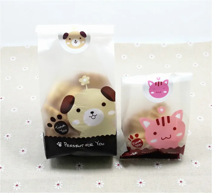 

100pcs/lot-8*14cm, 8*23cm Cute Dog Cat Pattern flat pocket biscuit candy pastry bag party wedding Gift bag