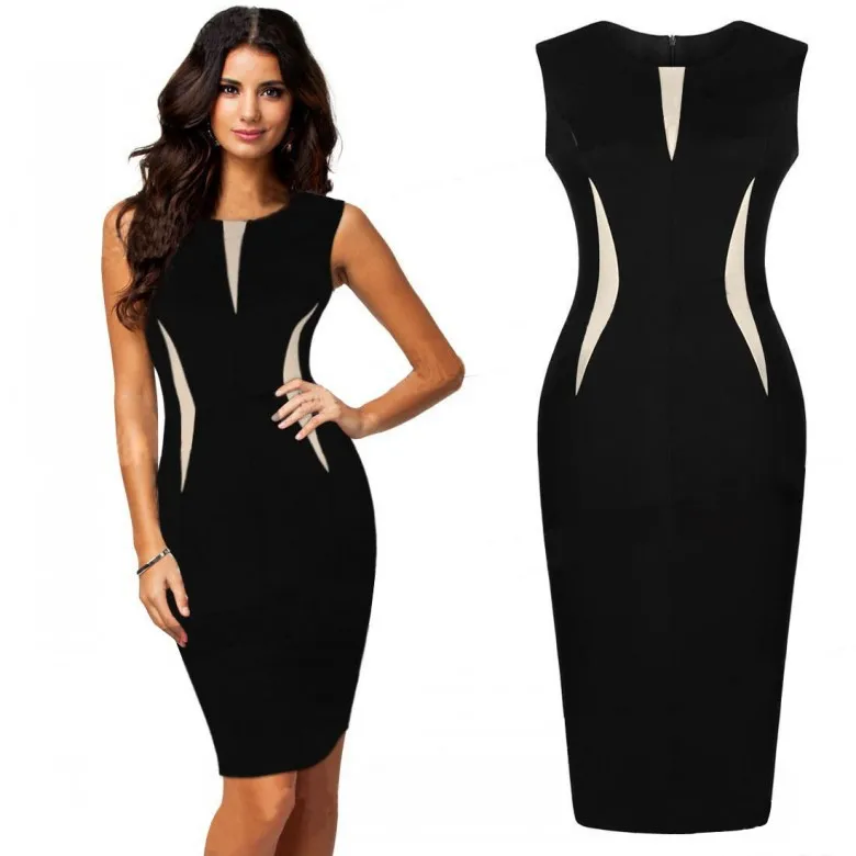 2017 women wearing sexy summer fashion collar sleeveless dress color stitching pencil | Женская одежда