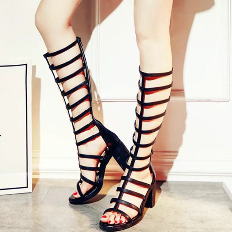Рим Летом Колено Высокие Сапоги Толстые Каблуки Туфли Женщина Молния Моды