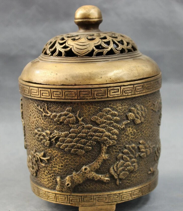 song voge gem S4325 7&quot Tibet Bronze FengShui Wealth Pine Tree Statue Buddhism Incense Burner Censer | Дом и сад