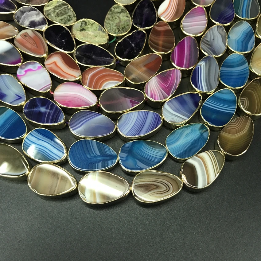 7 Stone Choice 11pcs/strand Natural Gems Gold Edged Drop Slab Slice Pendants Unakite Amethysts Agates Nugget Beads Jewelry | Украшения и