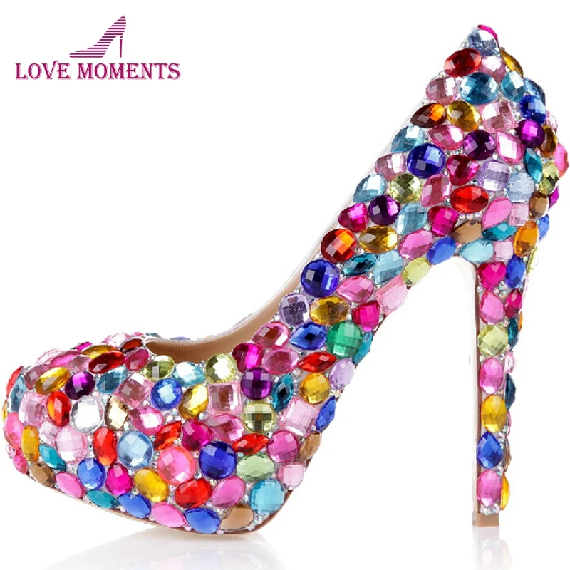 

Red Pink Blue Multi Color Sparkly Crystal Wedding Dress Shoes Womens High Heel Fashion Diamond Pumps for Evening Party Prom