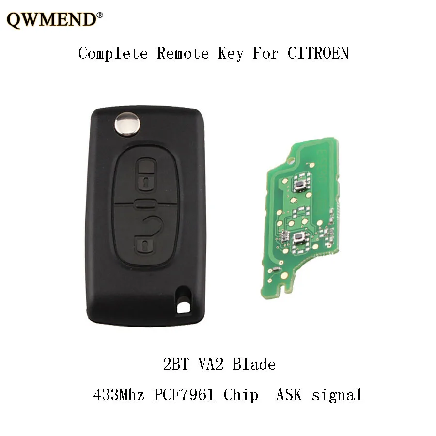 QWMEND 2 кнопки Автомобильный Дистанционный ключ 433 МГц подходит для CITROEN C1 C2 C3 C4 C5
