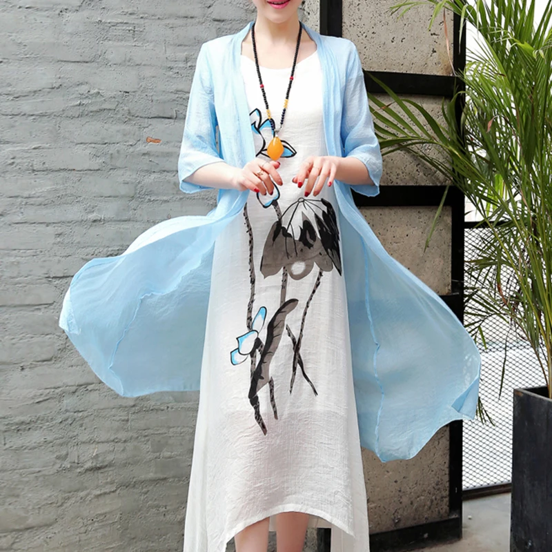 2019 размера плюс хлопок лен комплект из двух частей платье кимоно Пляжная туника