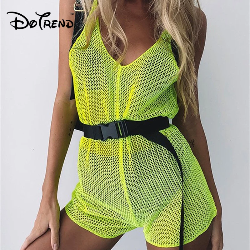 Dotrend Summer Spaghetti Strap Backless Mesh Rompers Womens Jumpsuit  V Neck Sleeveless Playsuit Casual Beach Short Overalls