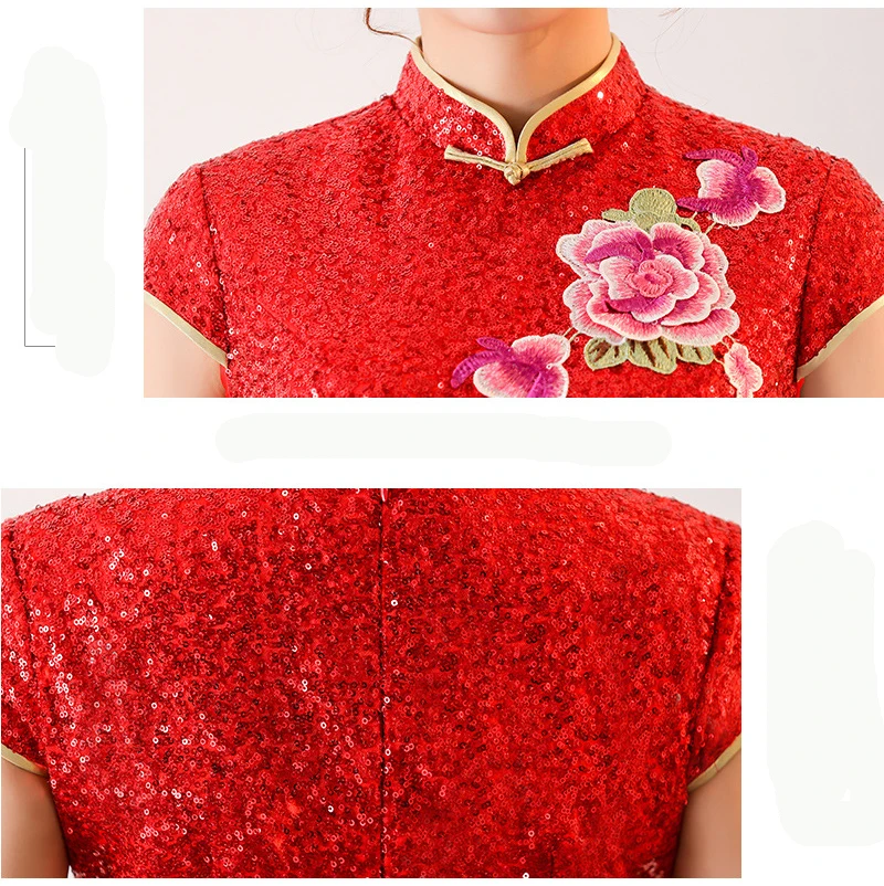 

S-4XL Red Woman Elegant Party Long Cheongsam Vintage Chinese Style Spring Evening Dress Sequined Qipao Vestido Plus Size