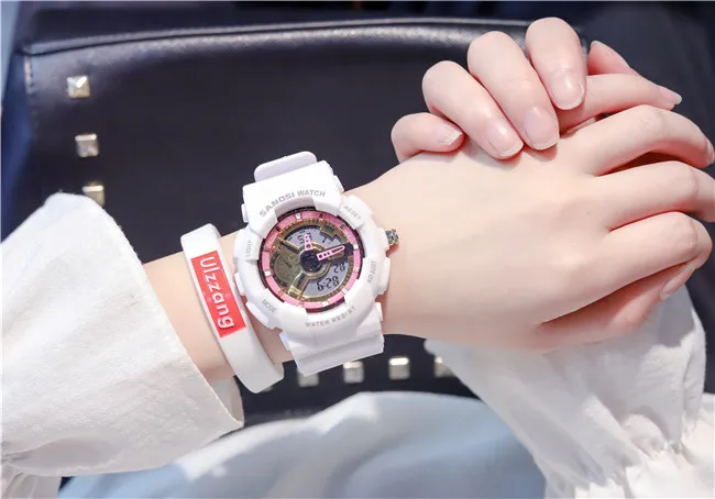 pink white Женские студенческие часы Ins, корейское издание, простые трендовые модные водонепроницаемые электронные часы для отдыха и спорта, силиконовые часы - Цвет: pink white