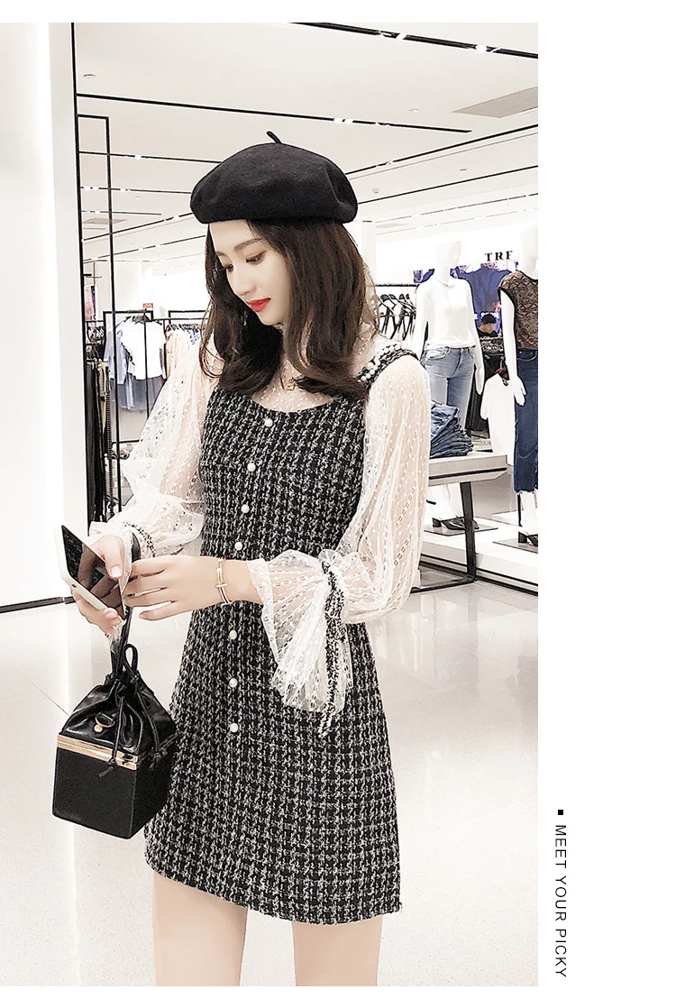 Two Pieces Set Mesh Tops Spaghetti Strap Dress Sexy Lantern Sleeve Mini Vest Dresses Ladies Fashion Elegant Party Dress New