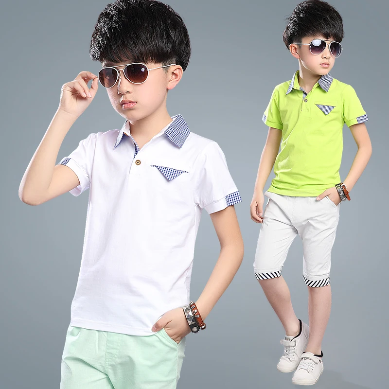 Kids Boys Short-sleeved Suit Summer Children's Cotton T-shirt + Boy Shorts 5-15 Years Teenager Boy' Sets Polo Tee |