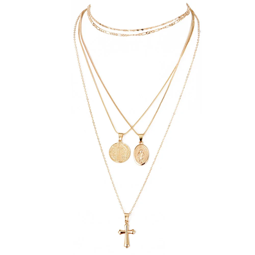 5 Pcs/Set Vintage Female Necklace Virgin Mary Cross Pendant Multilayer Gold Set Glamour Lady Wedding Party Jewelry | Украшения и