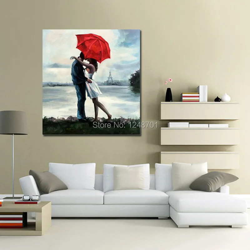 

Lovers Rainy Romance Picture Art - Hand Painted Eiffel Tower Landscape Oil Painting On Canvas For Home Decoration