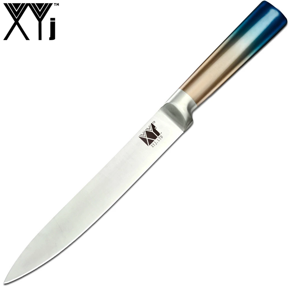 8 inch Slicing Knife XYj кухонные ножи из нержавеющей стали синие прямые ручки шеф-повара для нарезки хлеба Santoku универсальный нож для очистки овощей 8 дюймов Держатель ножей - Цвет: 8 inch Slicing Knife