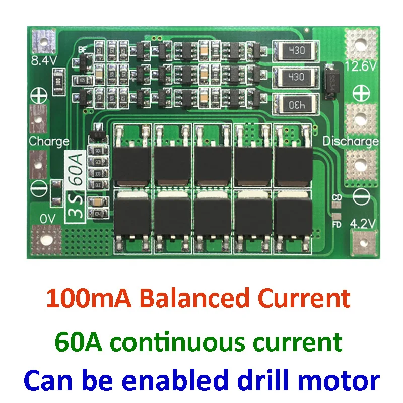 Защитная плата PCB BMS 3S 60A для зарядки литий ионных аккумуляторов 11 1 В 12 6 модуль