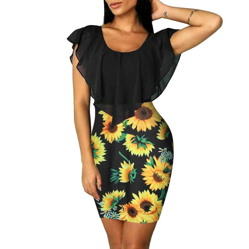 New Summer Fashion Lady Sexy Sunflower Print Bag Hip Ruffle Dress Party Slim Fit Elegant Mesh Short Sleeve o-Neck Mini Dresses | Женская