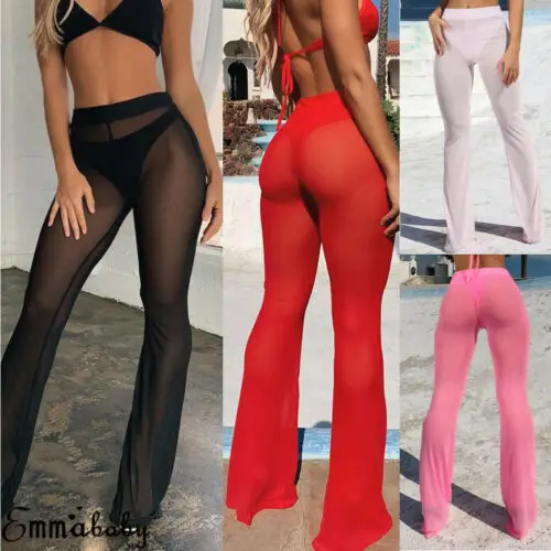 

Women Sexy Beach Sheer Bikini Cover Up Swimwear Bell Bottom Flare Pants Trousers